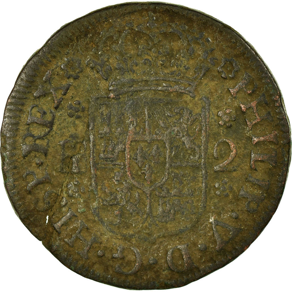 Coin, Spain, Philip V, 2 Maravedis, 1744, Segovia, VF(20-25), Copper, KM:366