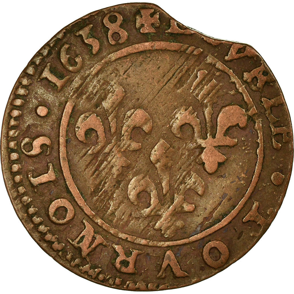 Monnaie, France, Louis XIII, Double Tournois, 1638, Vallée du Rhône, TB+