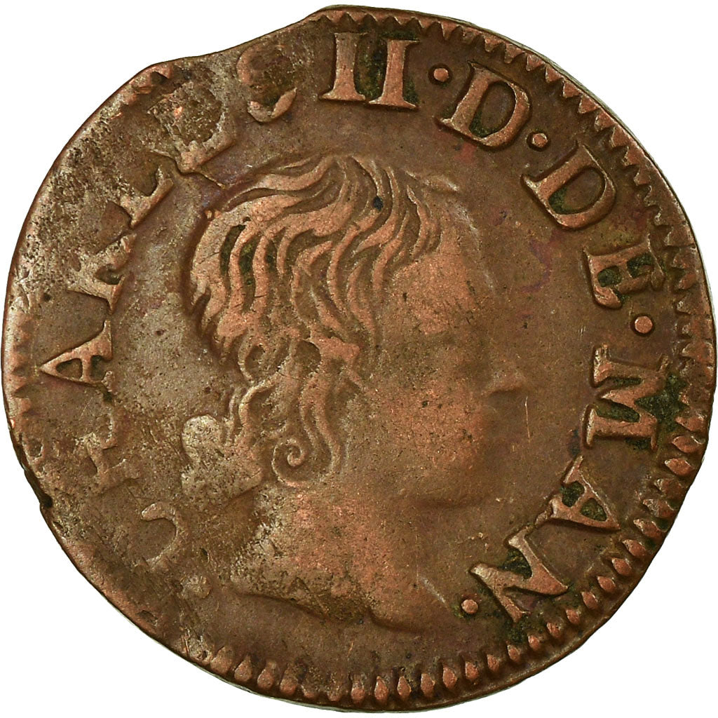 Coin, France, Ardennes, Charles II, Denier Tournois, 1653, Charleville