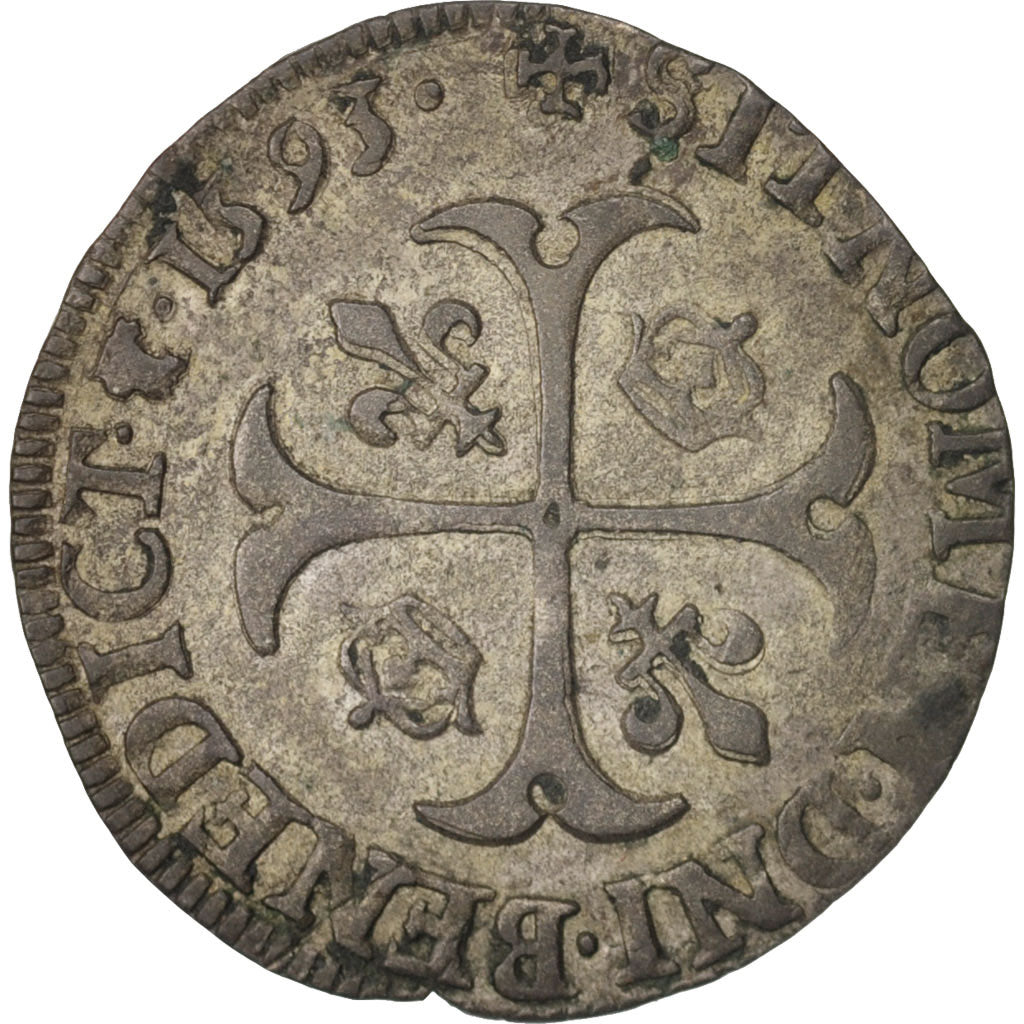 France, Douzain with 2H, 1593, Saint Lô, Silver, Duplessy:1247A