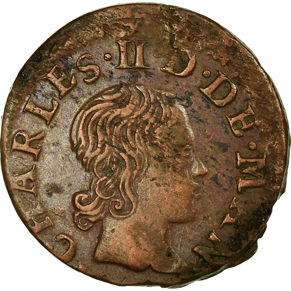 Moneta, Francia, Ardennes, Charles II, Denier Tournois, 1654, Charleville, MB+