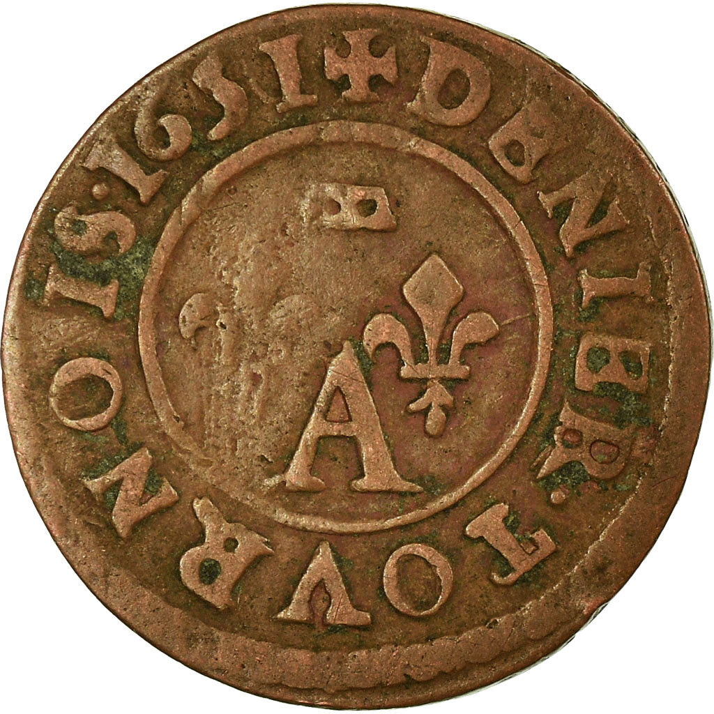 Coin, France, DOMBES, Gaston d'Orléans, Denier Tournois, 1651, Trévoux