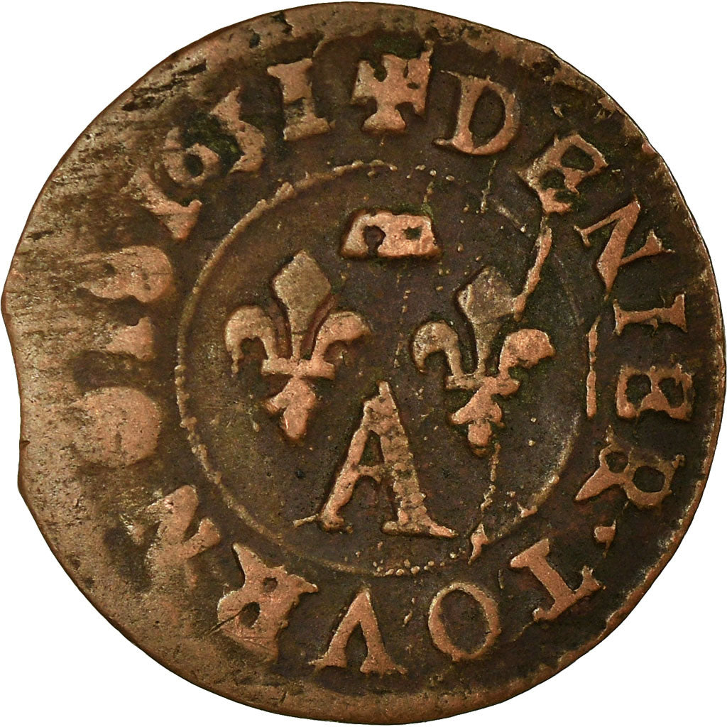 Coin, France, DOMBES, Gaston d'Orléans, Denier Tournois, 1651, Trévoux