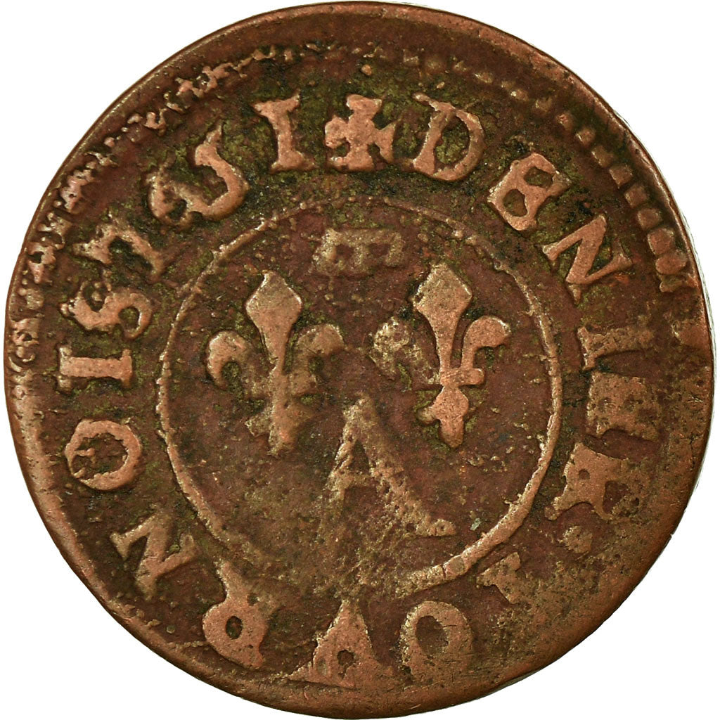 Münze, Frankreich, DOMBES, Gaston d'Orléans, Denier Tournois, 1651, Trévoux
