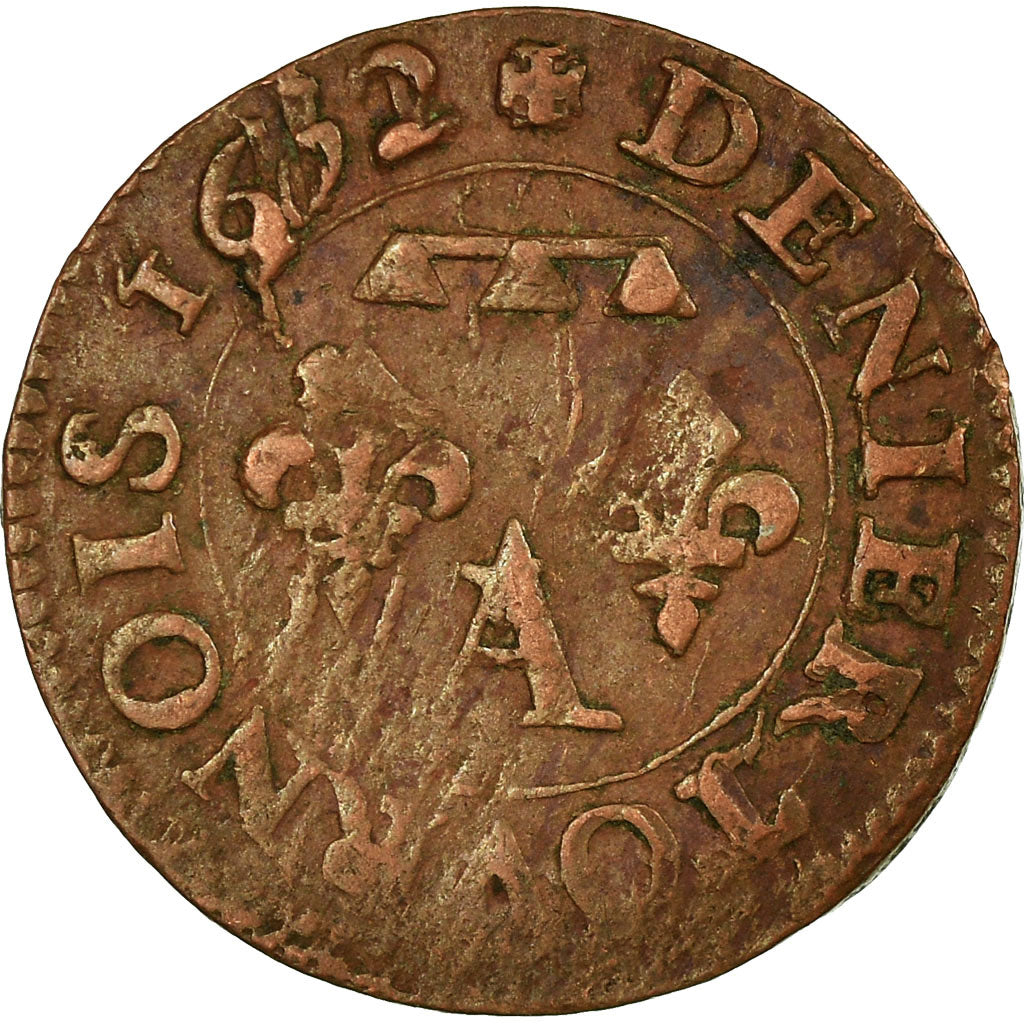 Moneda, Francia, DOMBES, Gaston d'Orléans, Denier Tournois, 1652, Trévoux