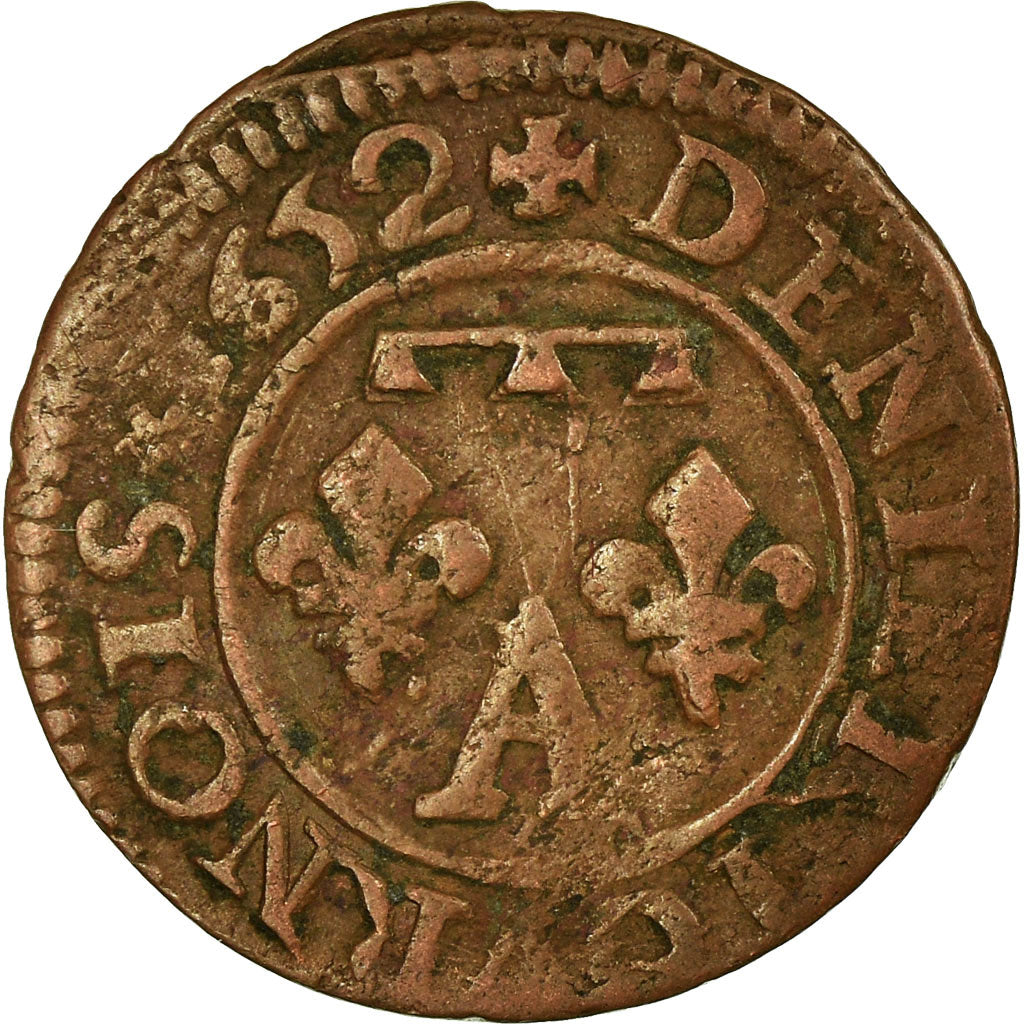 Monnaie, France, DOMBES, Gaston d'Orléans, Denier Tournois, 1652, Trévoux