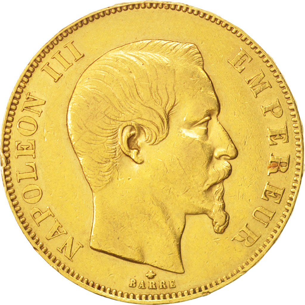 France, Napoleon III, 50 Francs, 1858 BB, Strasbourg, Gold, KM:785.2