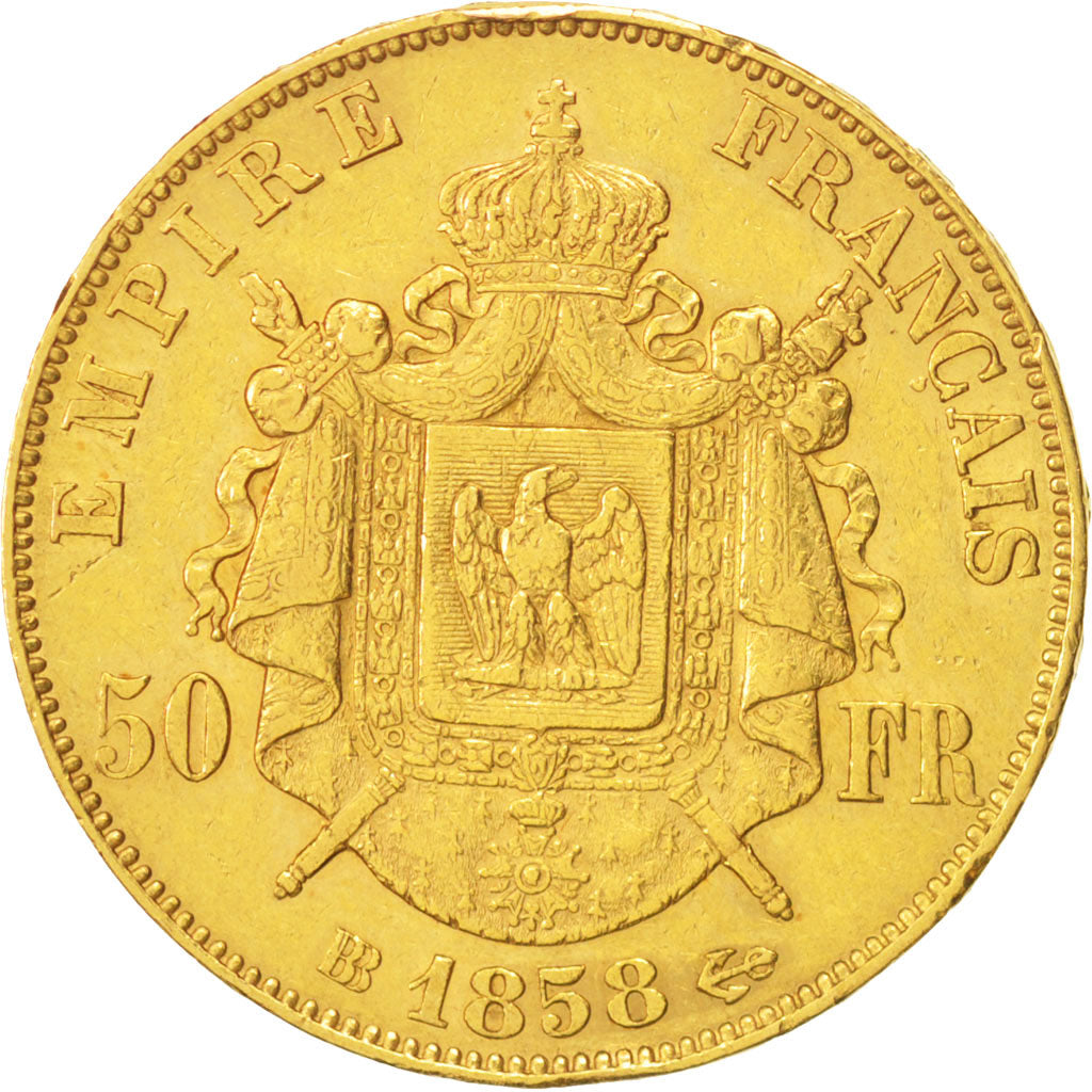 France, Napoleon III, 50 Francs, 1858 BB, Strasbourg, Gold, KM:785.2