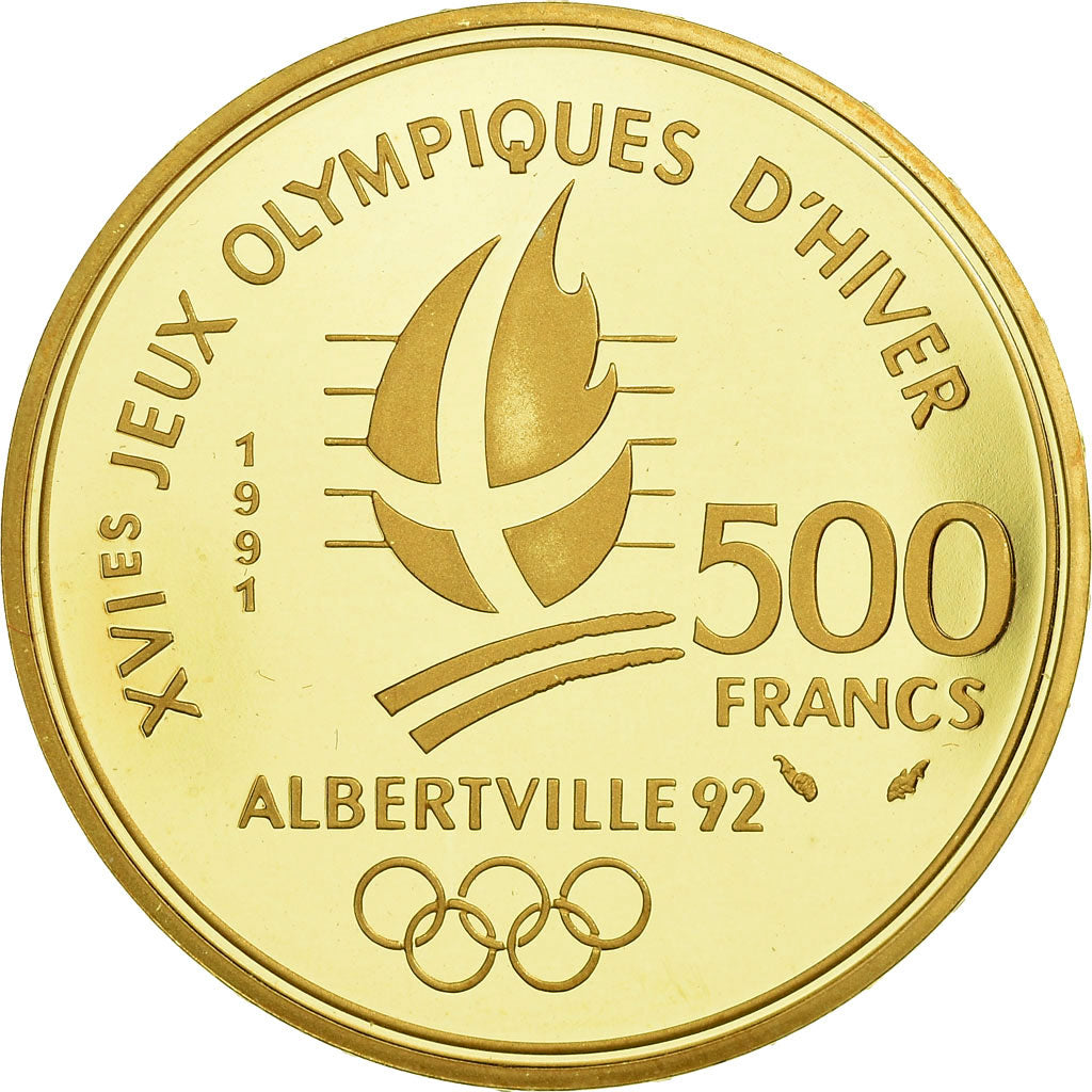 Coin, France, Albertville, Coubertin, 500 Francs, 1991, Paris, MS(65-70), Gold