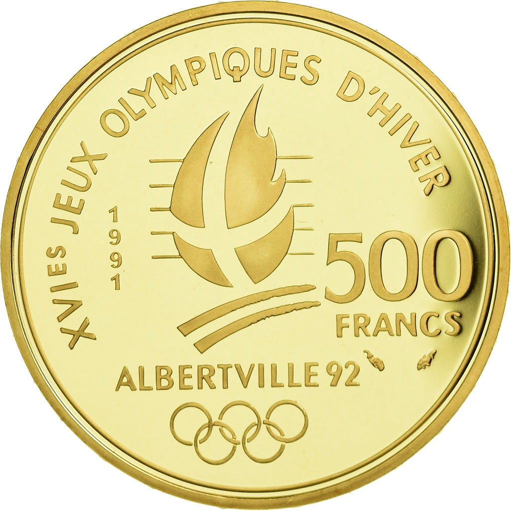 Coin, France, Albertville, Coubertin, 500 Francs, 1991, Paris, MS(65-70), Gold