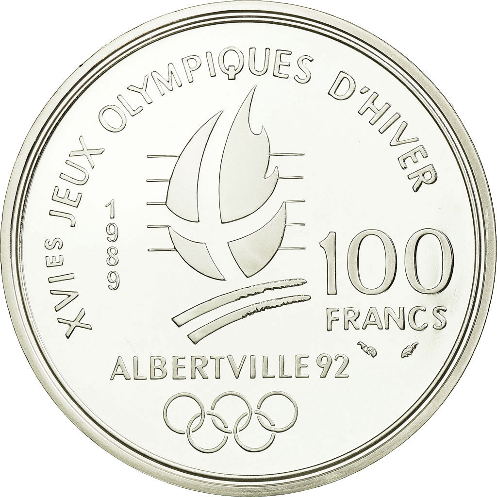 Monnaie, France, Ski alpin, 100 Francs, 1989, Albertville 92, FDC, Argent
