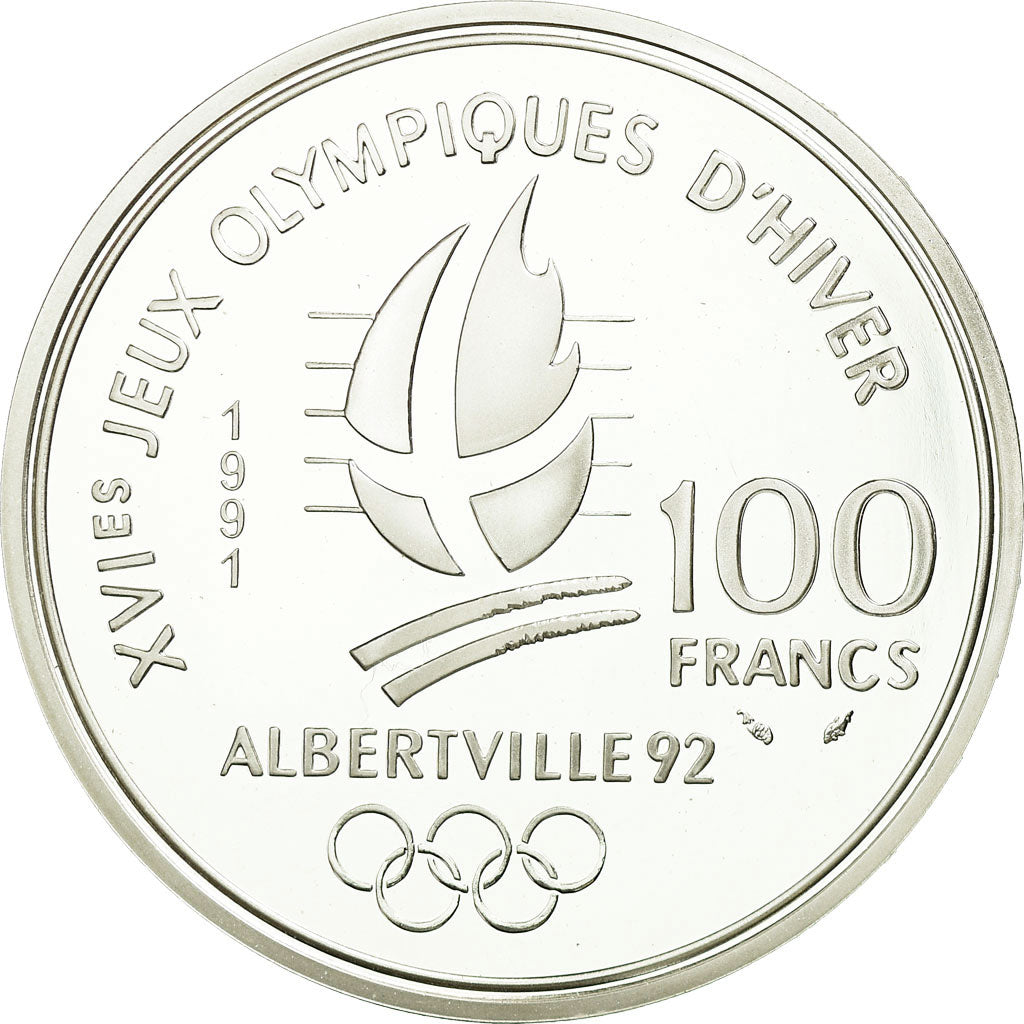 Coin, France, Ski jumpers, 100 Francs, 1991, Albertville 92, MS(65-70), Silver