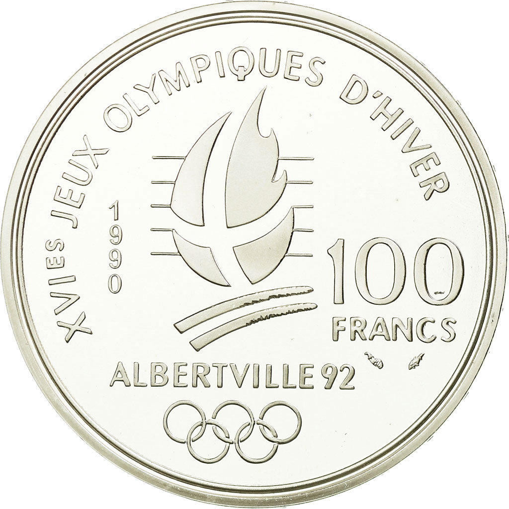 Coin, France, Bobsledding, 100 Francs, 1990, Albertville 92, MS(65-70), Silver