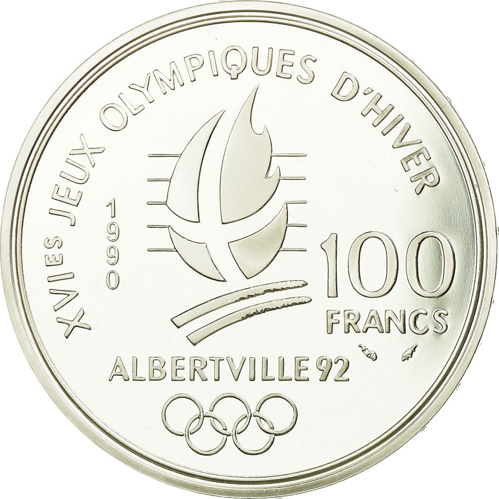 Coin, France, Bobsledding, 100 Francs, 1990, Albertville 92, MS(65-70), Silver