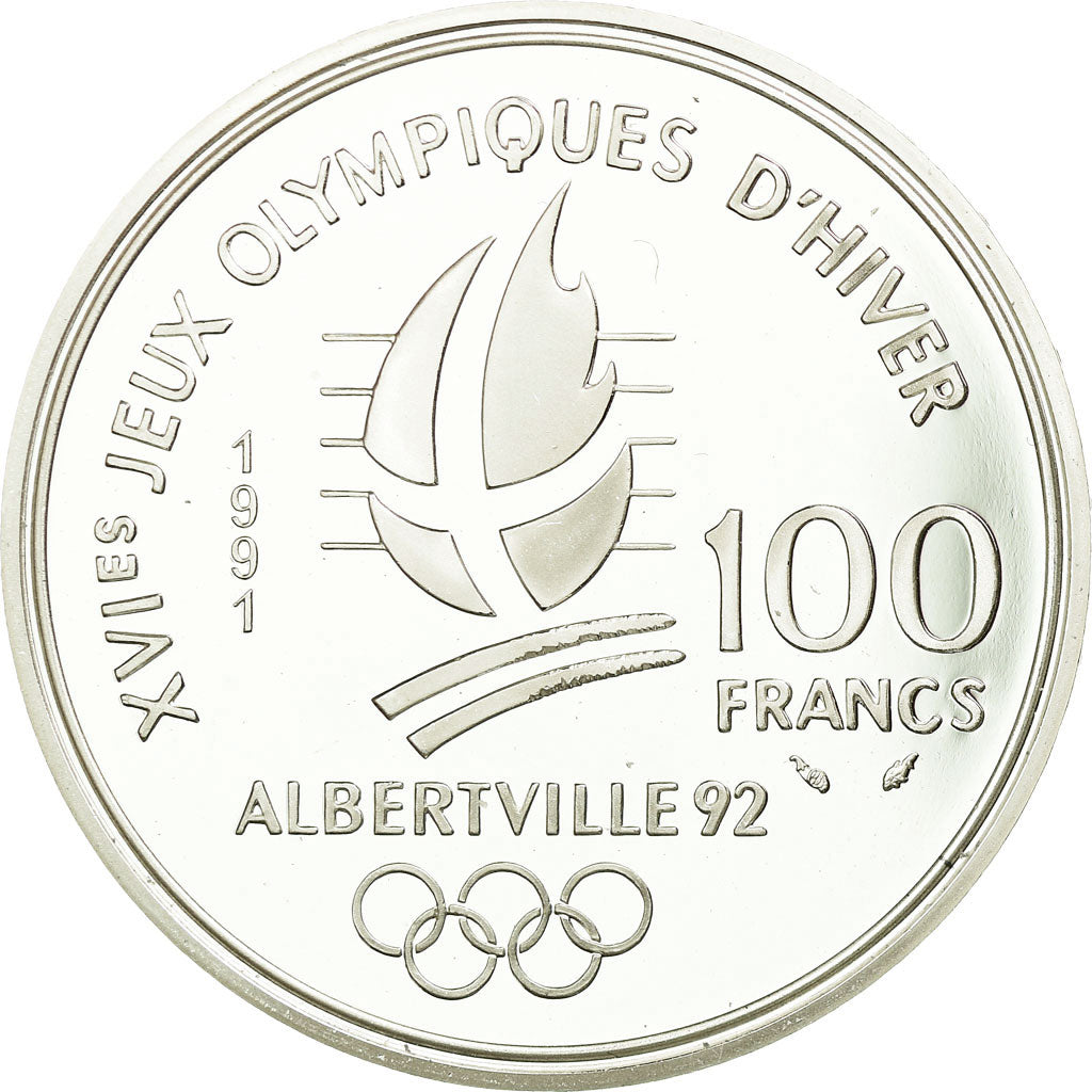 Moneta, Francia, Hockey players, 100 Francs, 1991, Albertville 92, FDC, Argento