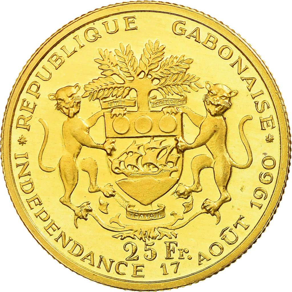 Moneda, Gabón, Léon Mba, 25 Francs, 1960, Paris, Proof, SC, Oro, KM:2