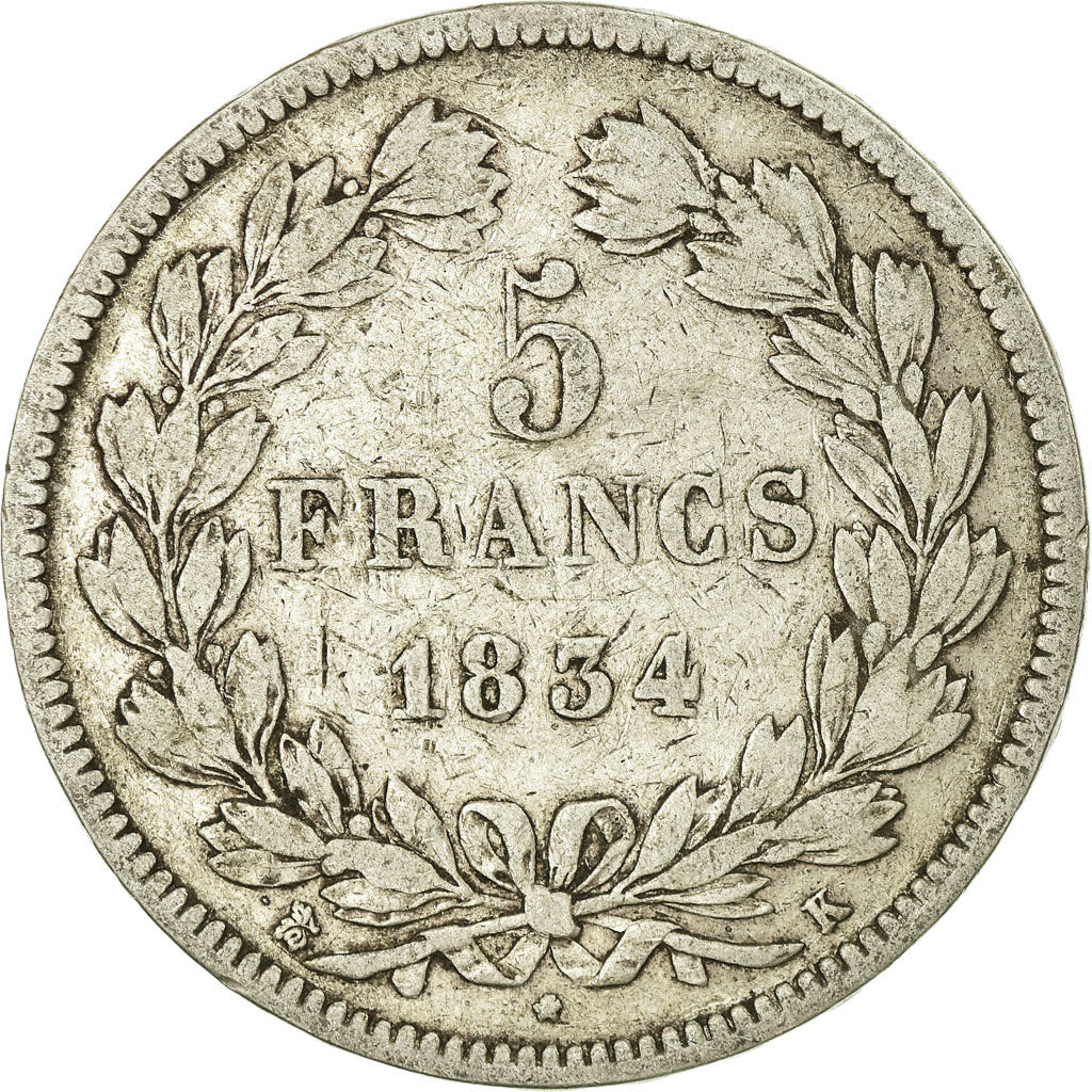 Monnaie, France, Louis-Philippe, 5 Francs, 1834, Bordeaux, TB, Argent