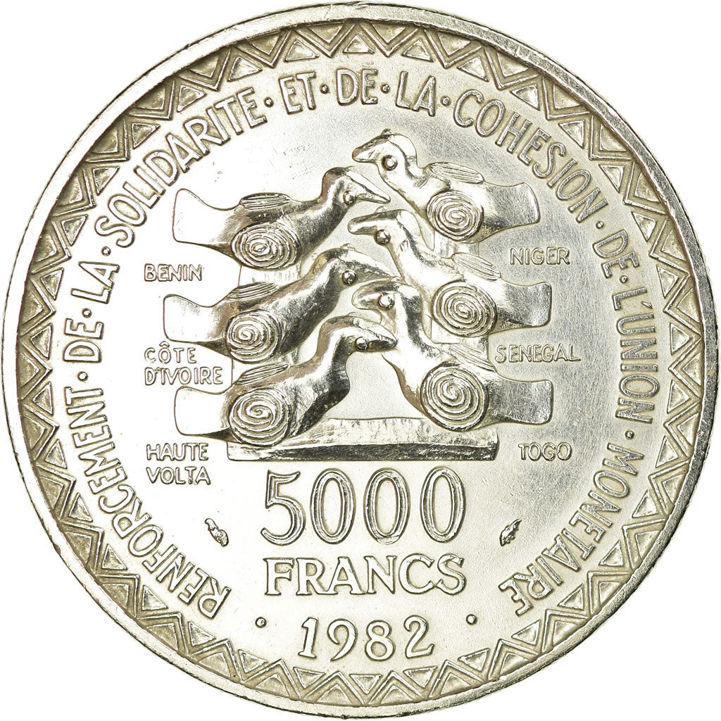 Coin, West African States, 5000 Francs, 1982, Paris, AU(55-58), Silver, KM:11