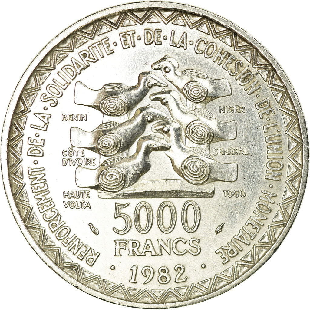 Coin, West African States, 5000 Francs, 1982, Paris, AU(55-58), Silver, KM:11