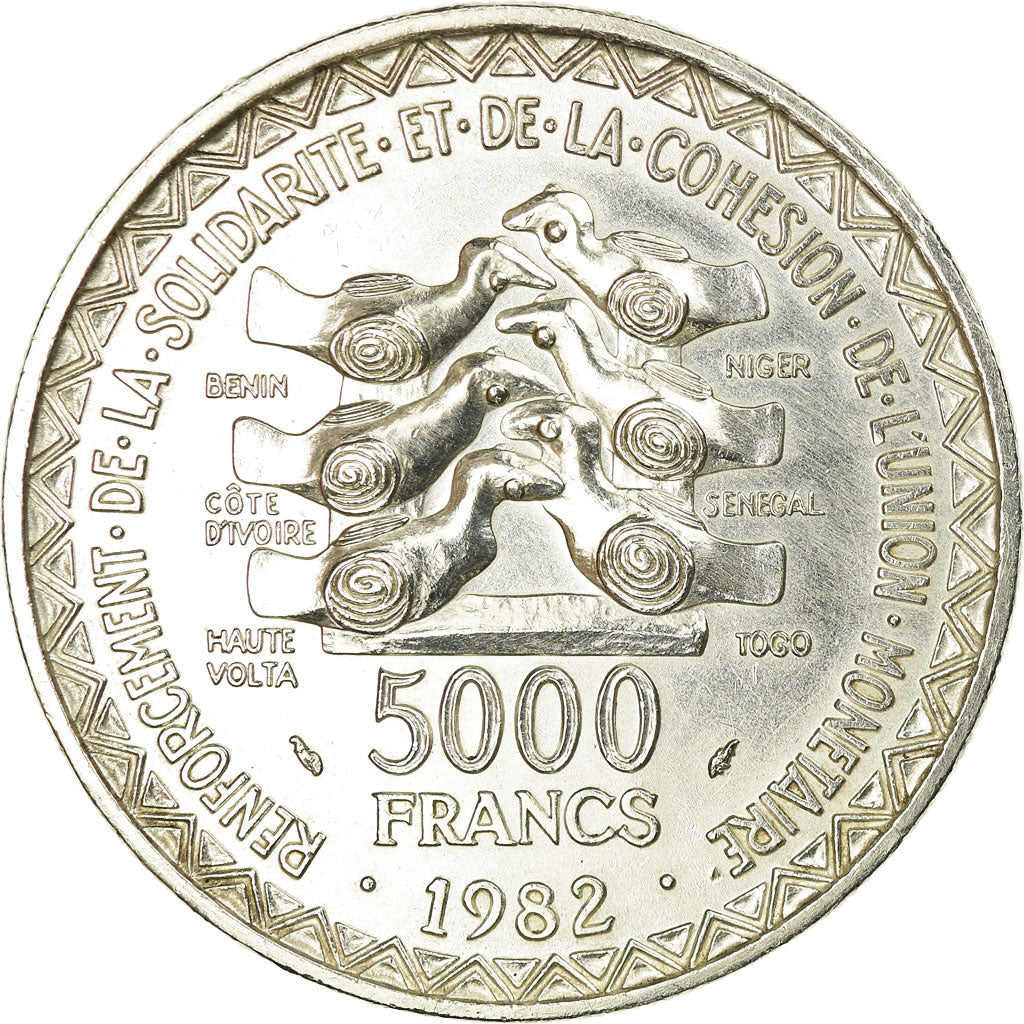 Coin, West African States, 5000 Francs, 1982, Paris, MS(60-62), Silver, KM:11
