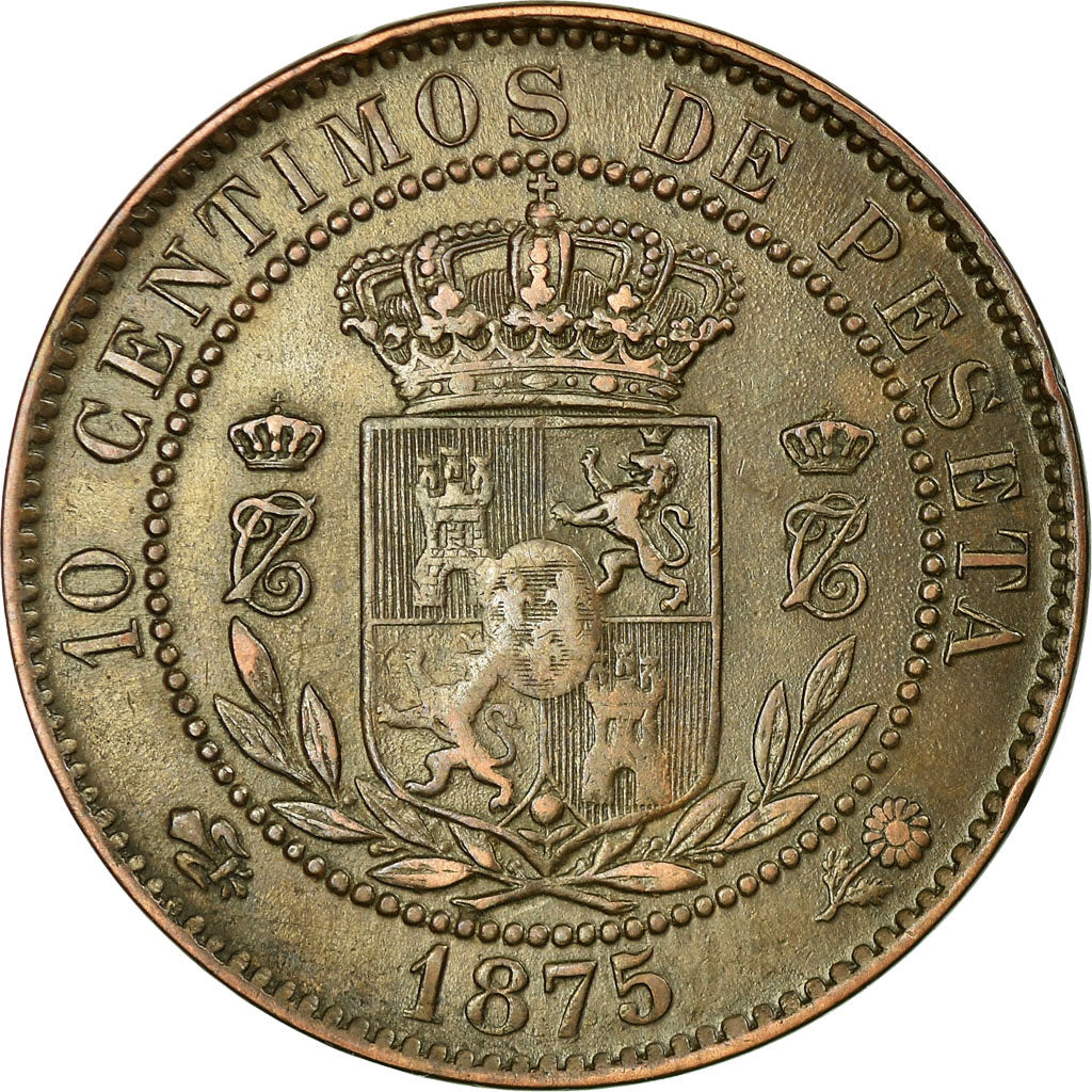 Coin, Spain, Charles VII, 10 Centimos, 1875, Brussels, AU(50-53), Copper, KM:670