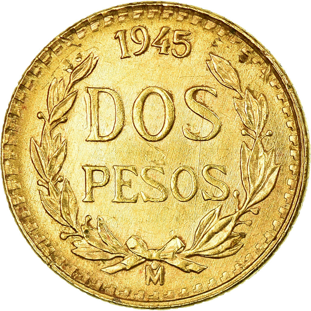 Coin, Mexico, 2 Pesos, 1945, Mexico City, MS(60-62), Gold, KM:461