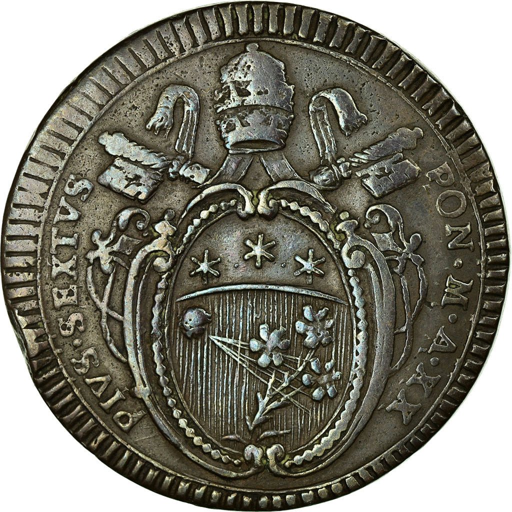 Monnaie, États italiens, PAPAL STATES, Pius VI, 2 Baiocchi, Muraiola, 1794