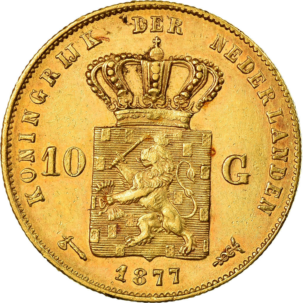 Coin, Netherlands, William III, 10 Gulden, 1877, AU(55-58), Gold, KM:106