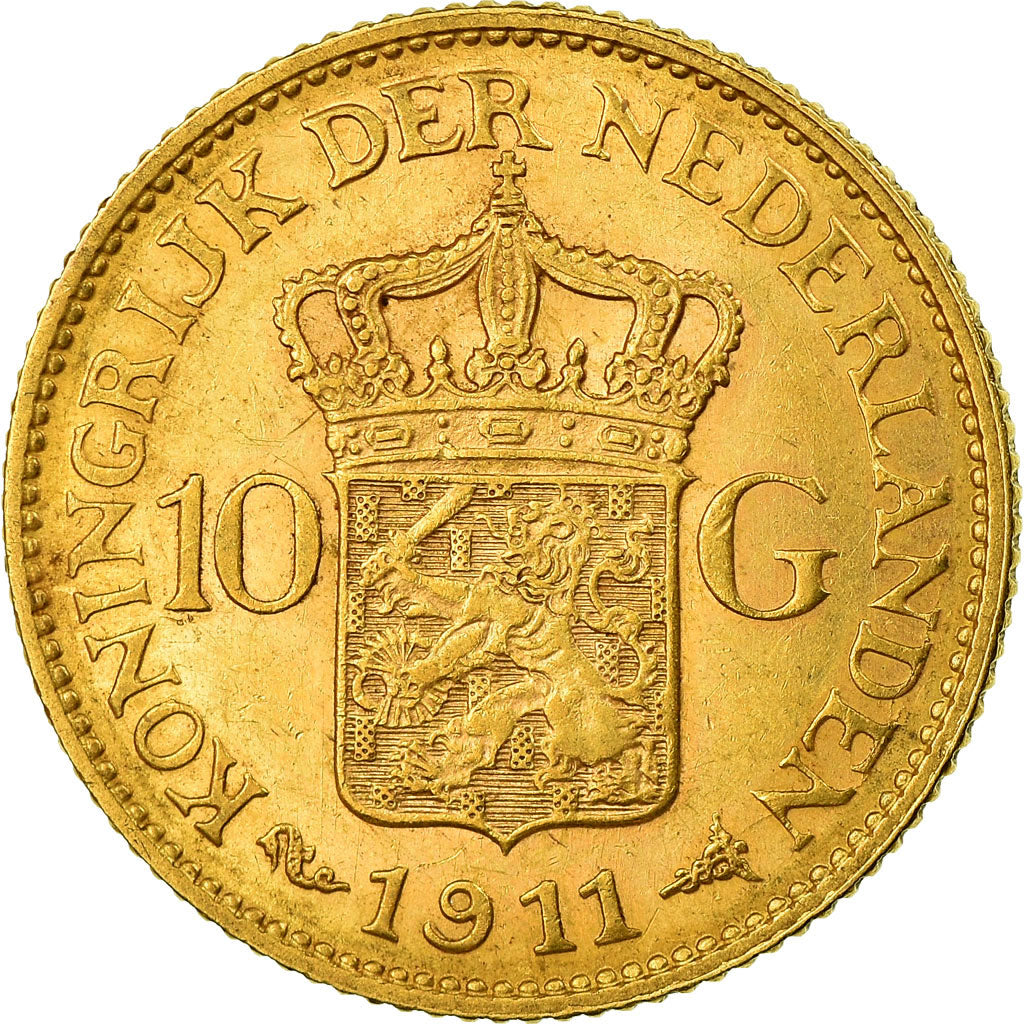 Coin, Netherlands, Wilhelmina I, 10 Gulden, 1911, MS(60-62), Gold, KM:149