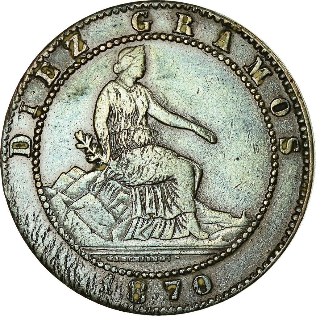 Moneda, España, Provisional Government, 10 Centimos, 1870, Barcelona, BC+