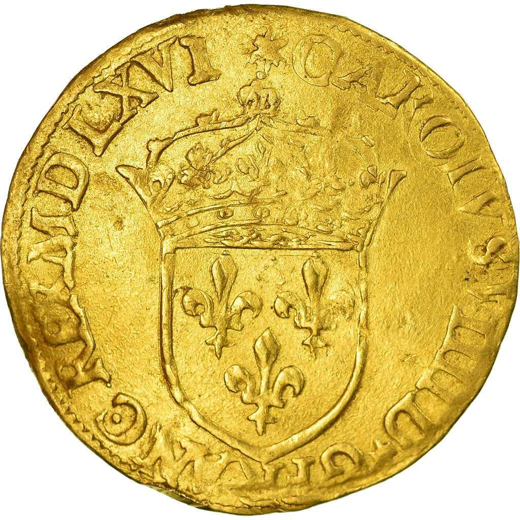 Coin, France, Charles IX, Ecu d'or, 1566, Paris, AU(50-53), Gold, Sombart:4904