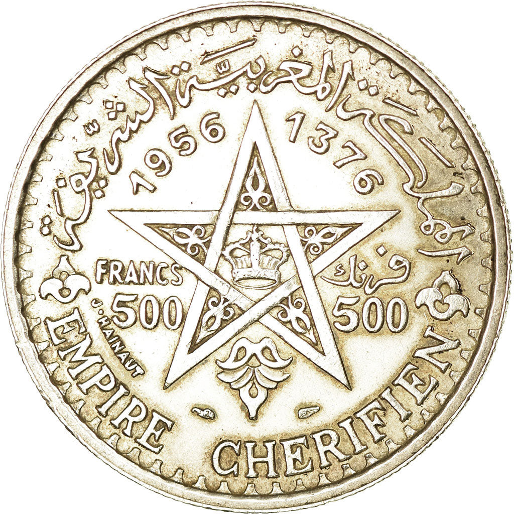 Coin, Morocco, Mohammed V, 500 Francs, 1956, Paris, AU(50-53), Silver, KM:54