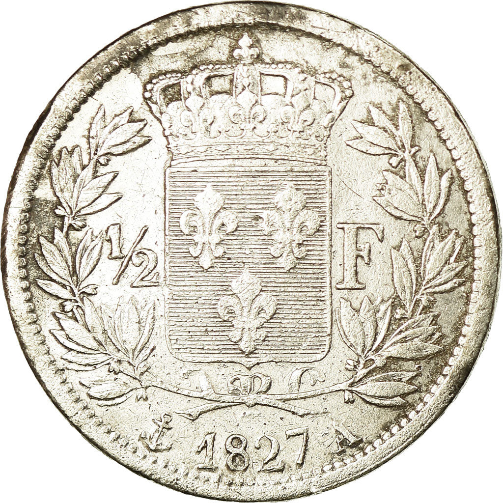 Coin, France, Charles X, 1/2 Franc, 1827, Paris, VF(30-35), Silver, KM:723.1