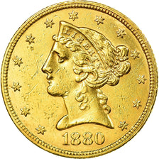 Moneda, Estados Unidos, Coronet Head, $5, Half Eagle, 1880, U.S. Mint