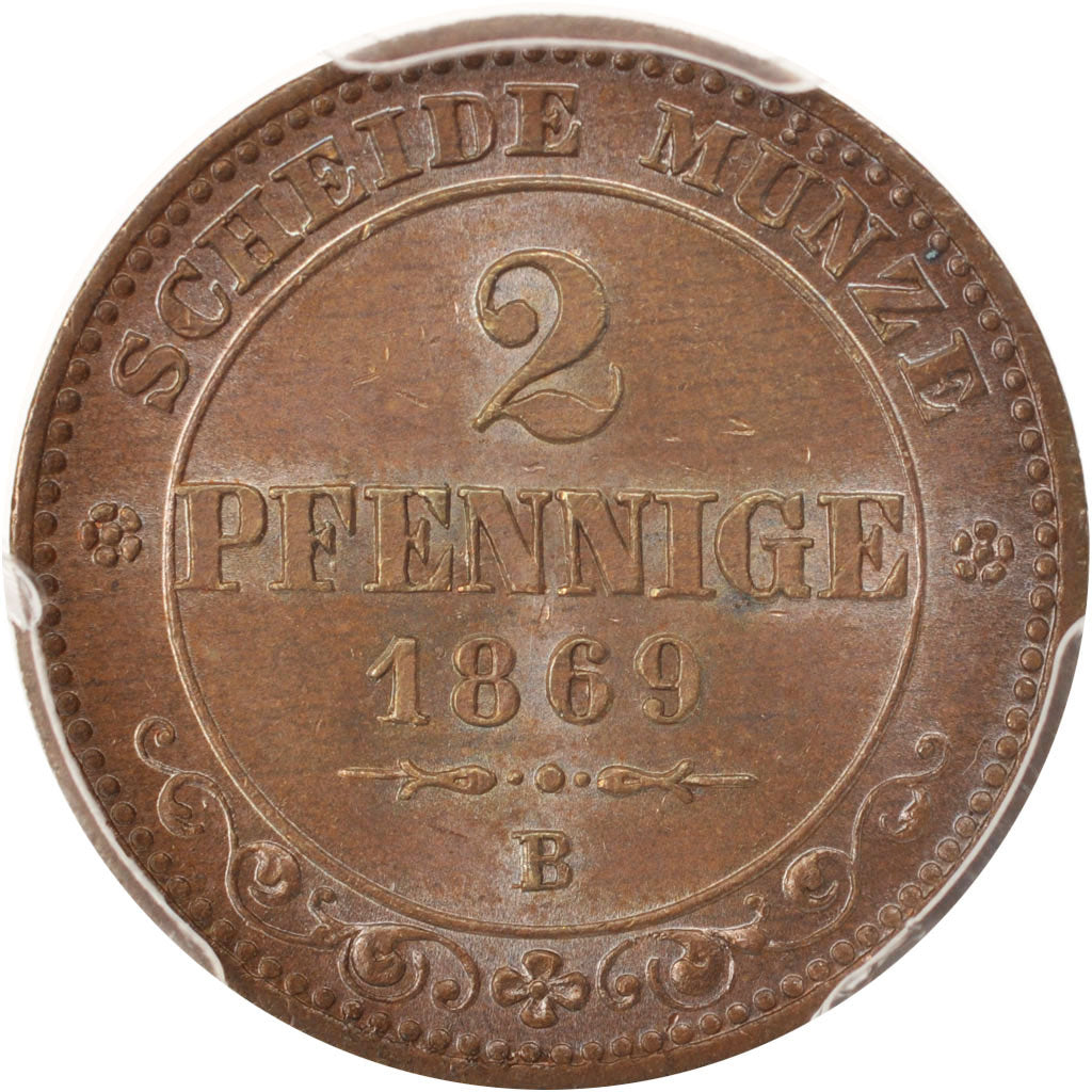 German States, SAXONY, 2 Pfennig, 1869, PCGS, MS66BN, KM:1217