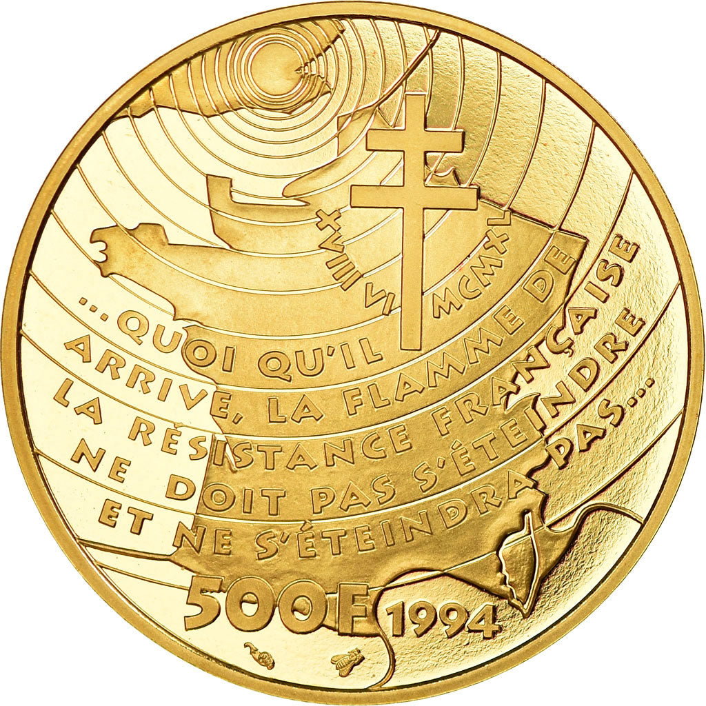Moneta, Francia, Général De Gaulle, 500 Francs, 1994, Paris, FDC, Oro