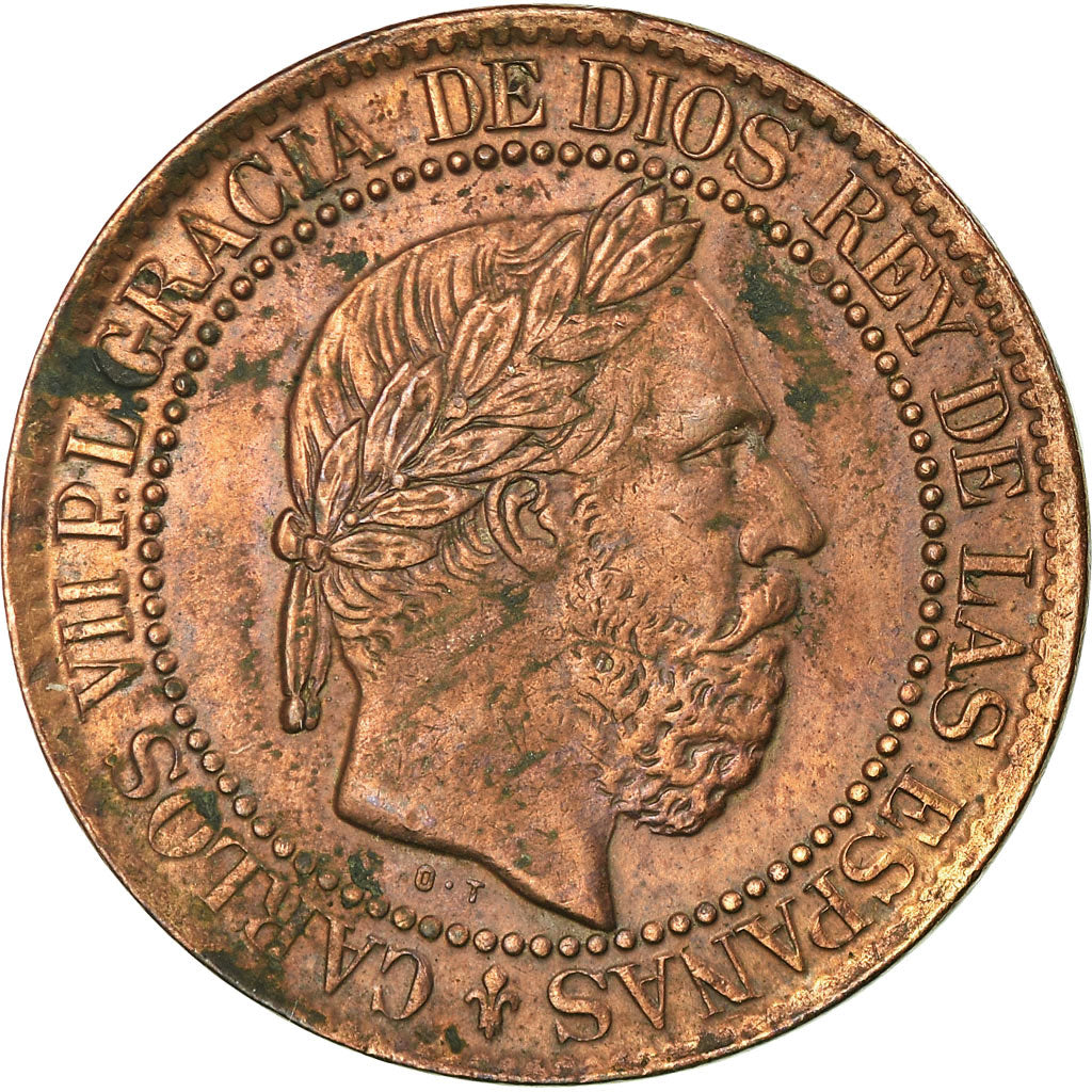 Coin, Spain, Charles VII, 10 Centimos, 1875, Brussels, EF(40-45), Copper, KM:670