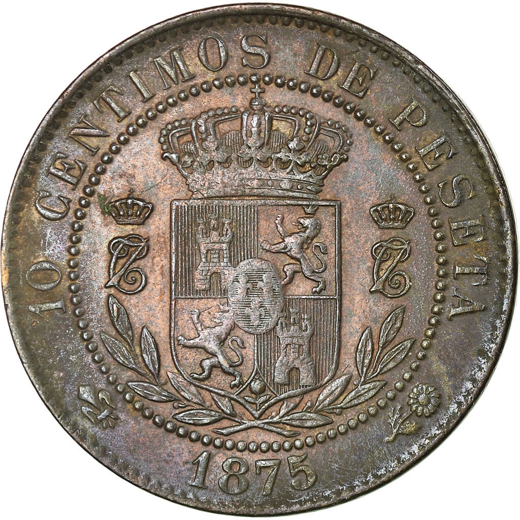 Coin, Spain, Charles VII, 10 Centimos, 1875, Brussels, EF(40-45), Copper, KM:670
