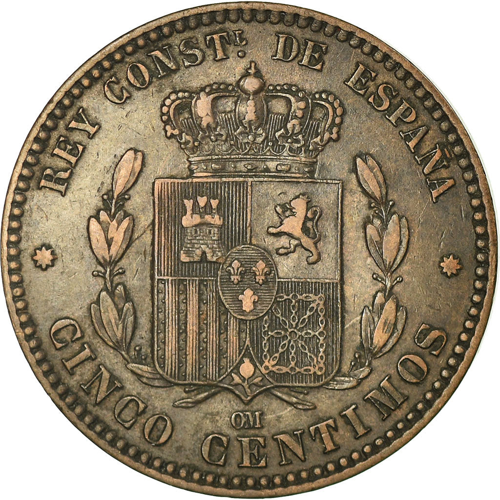 Coin, Spain, Alfonso XII, 5 Centimos, 1878, Barcelona, EF(40-45), Bronze, KM:674