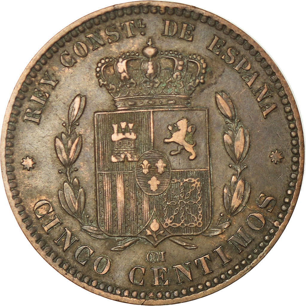 Coin, Spain, Alfonso XII, 5 Centimos, 1879, Barcelona, EF(40-45), Bronze, KM:674