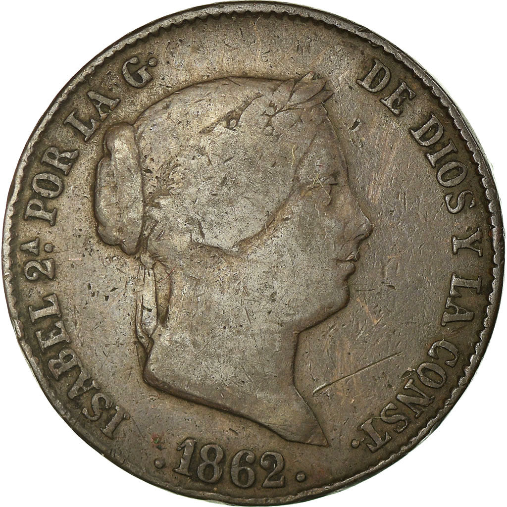 Coin, Spain, Isabel II, 25 Centimos, 1862, Segovia, VF(20-25), Copper, KM:615.2