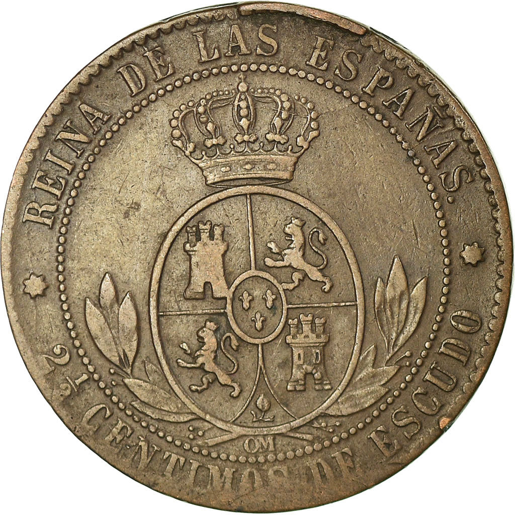 Moneda, España, Isabel II, 2-1/2 Centimos, 1868, Sevilla, BC+, Cobre, KM:634.5