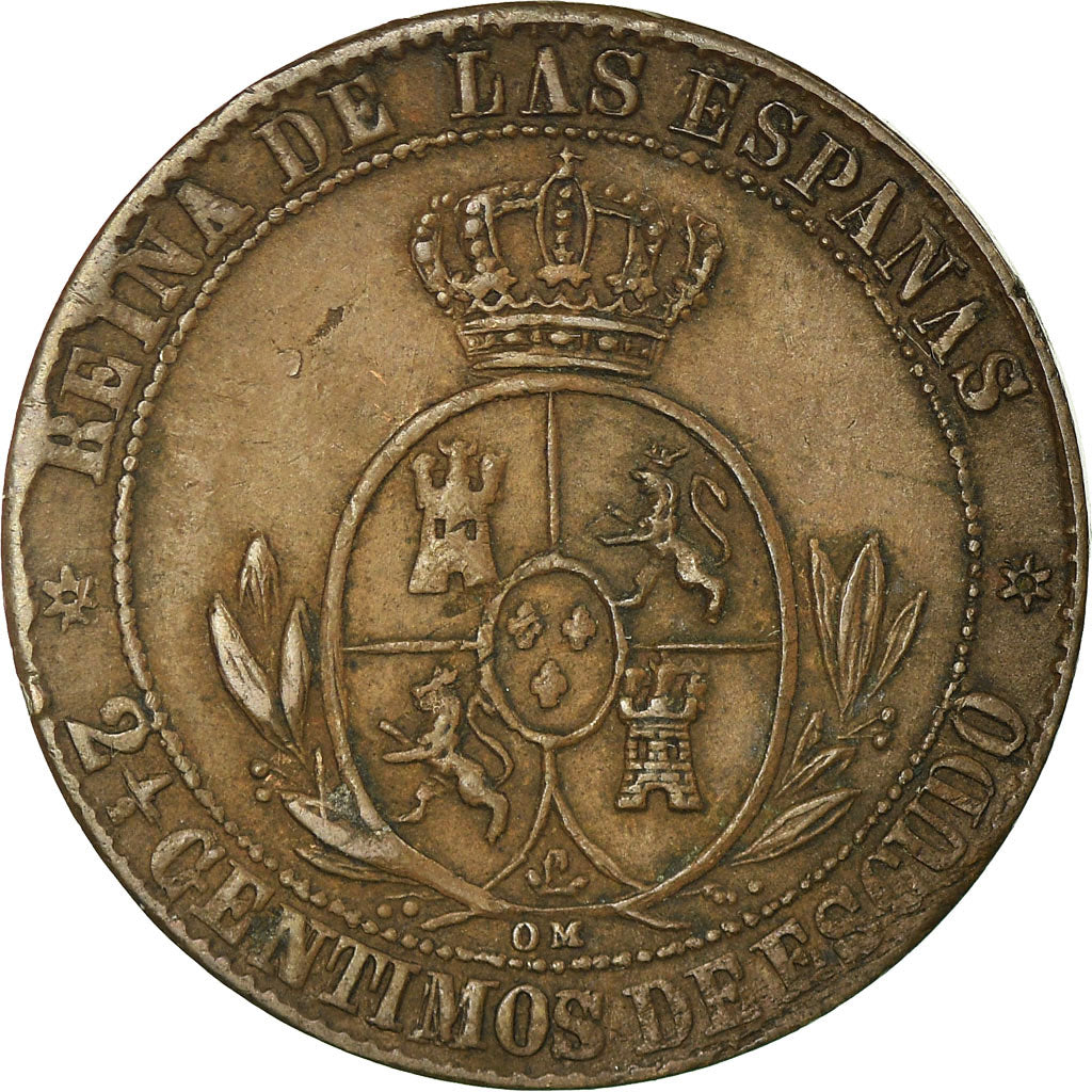 Coin, Spain, Isabel II, 2-1/2 Centimos, 1868, Barcelona, EF(40-45), Copper