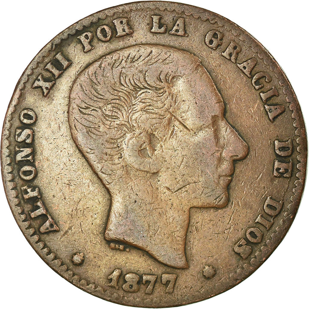 Coin, Spain, Alfonso XII, 10 Centimos, 1877, Barcelona, VF(20-25), Bronze