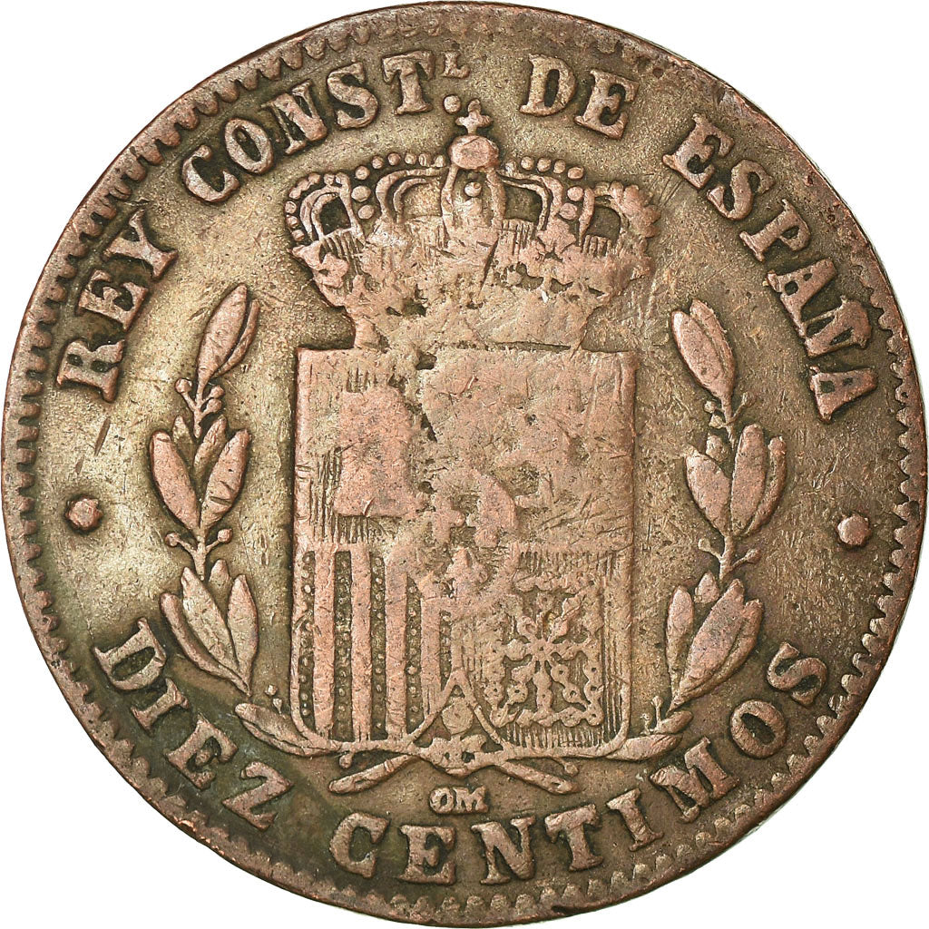 Coin, Spain, Alfonso XII, 10 Centimos, 1877, Barcelona, VF(20-25), Bronze