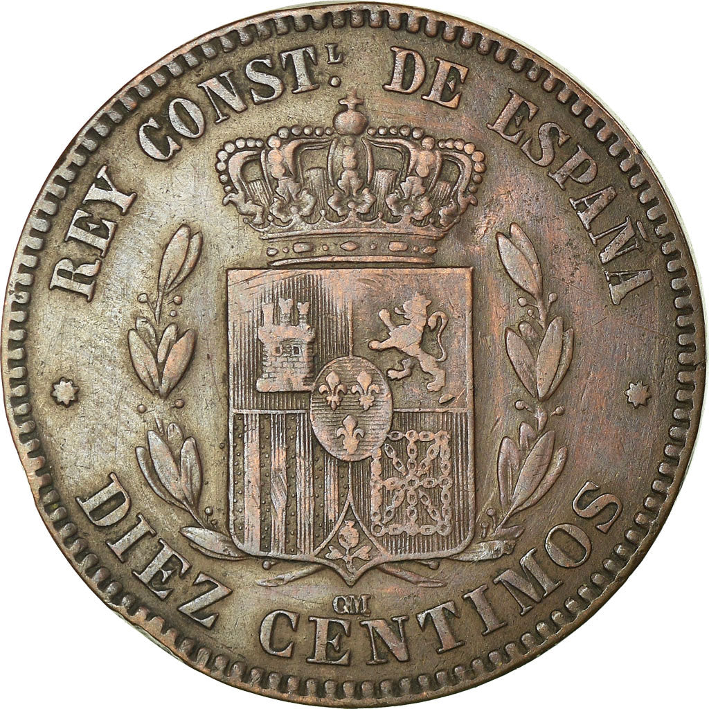 Coin, Spain, Alfonso XII, 10 Centimos, 1877, Barcelona, EF(40-45), Bronze