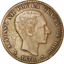 Moneda, España, Alfonso XII, 10 Centimos, 1878, Barcelona, BC+, Bronce, KM:675