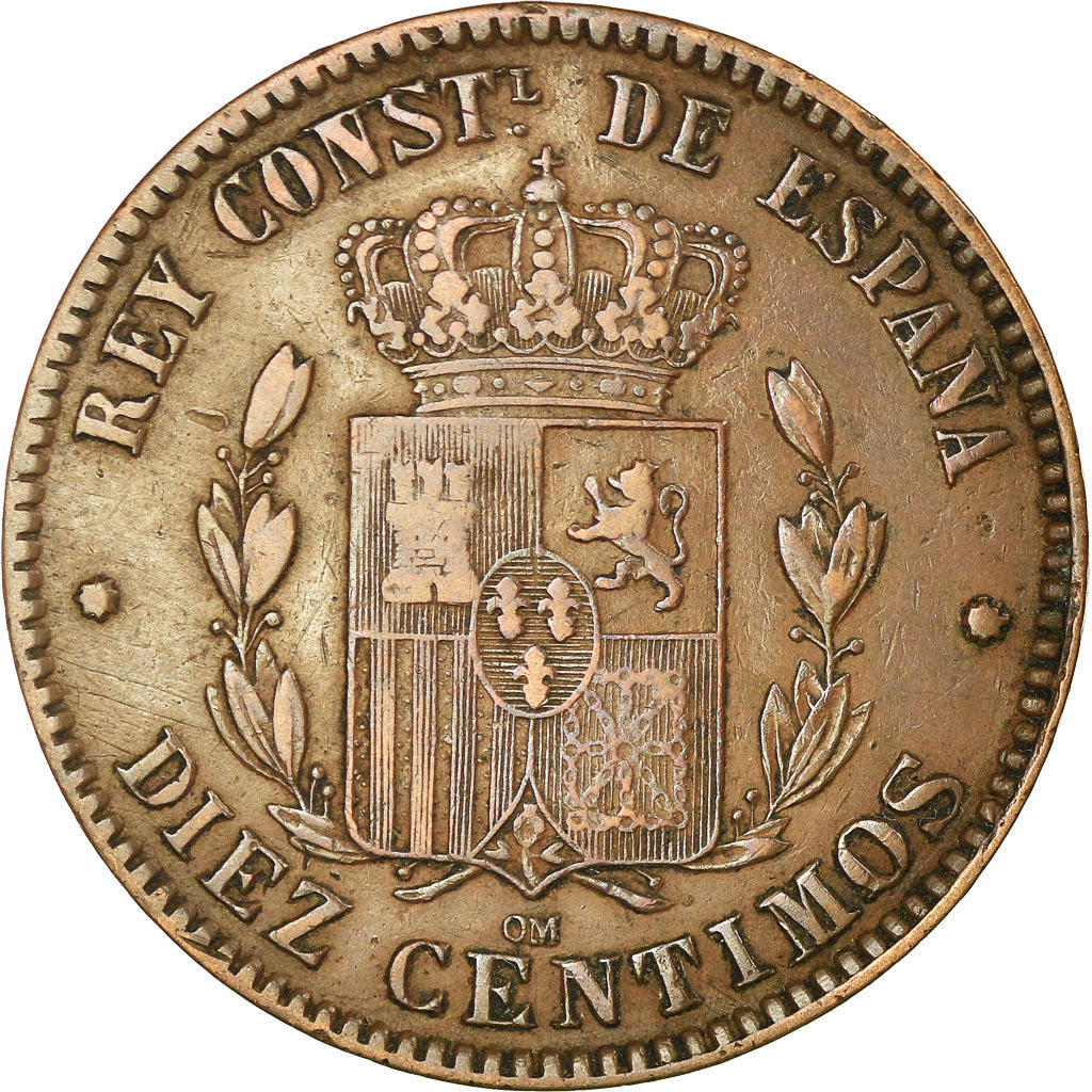 Coin, Spain, Alfonso XII, 10 Centimos, 1878, Barcelona, VF(30-35), Bronze