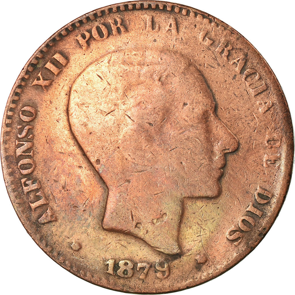 Coin, Spain, Alfonso XII, 10 Centimos, 1879, Barcelona, F(12-15), Bronze, KM:675
