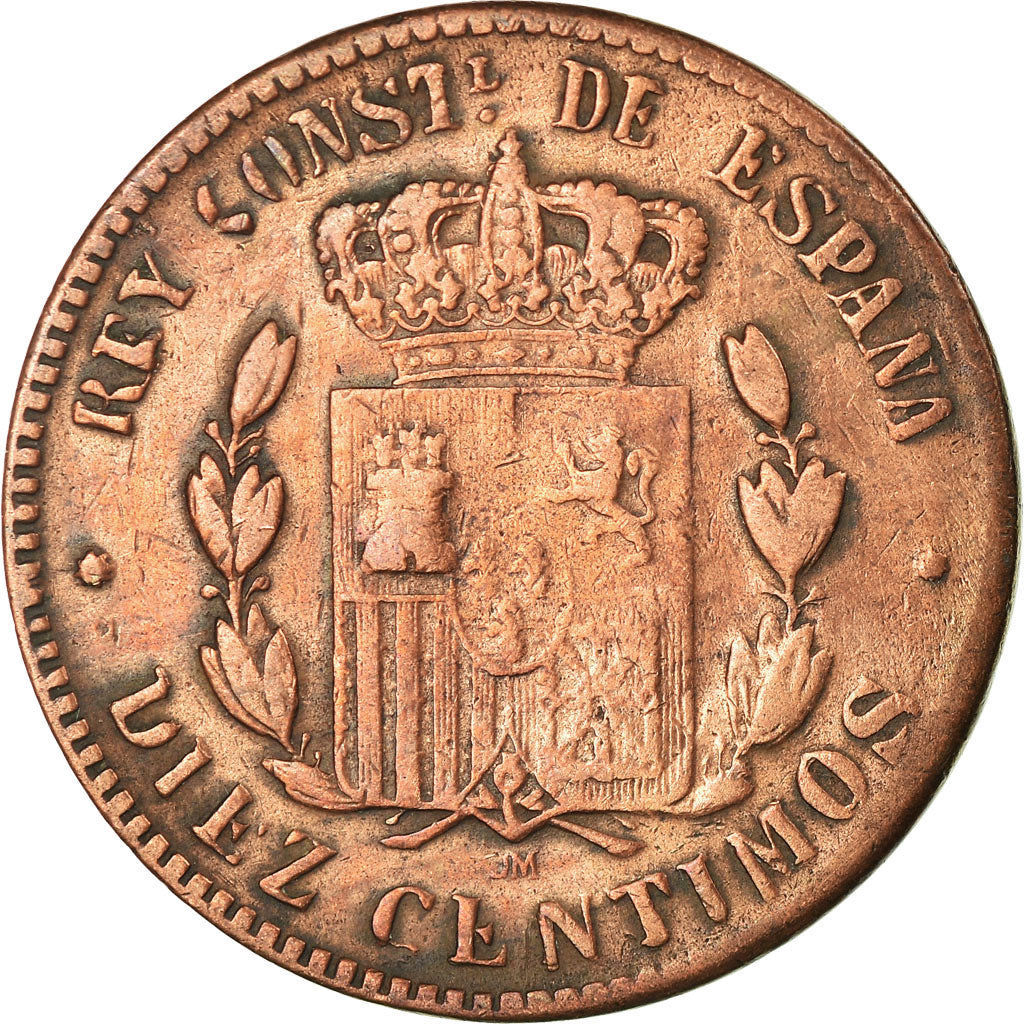 Coin, Spain, Alfonso XII, 10 Centimos, 1879, Barcelona, F(12-15), Bronze, KM:675